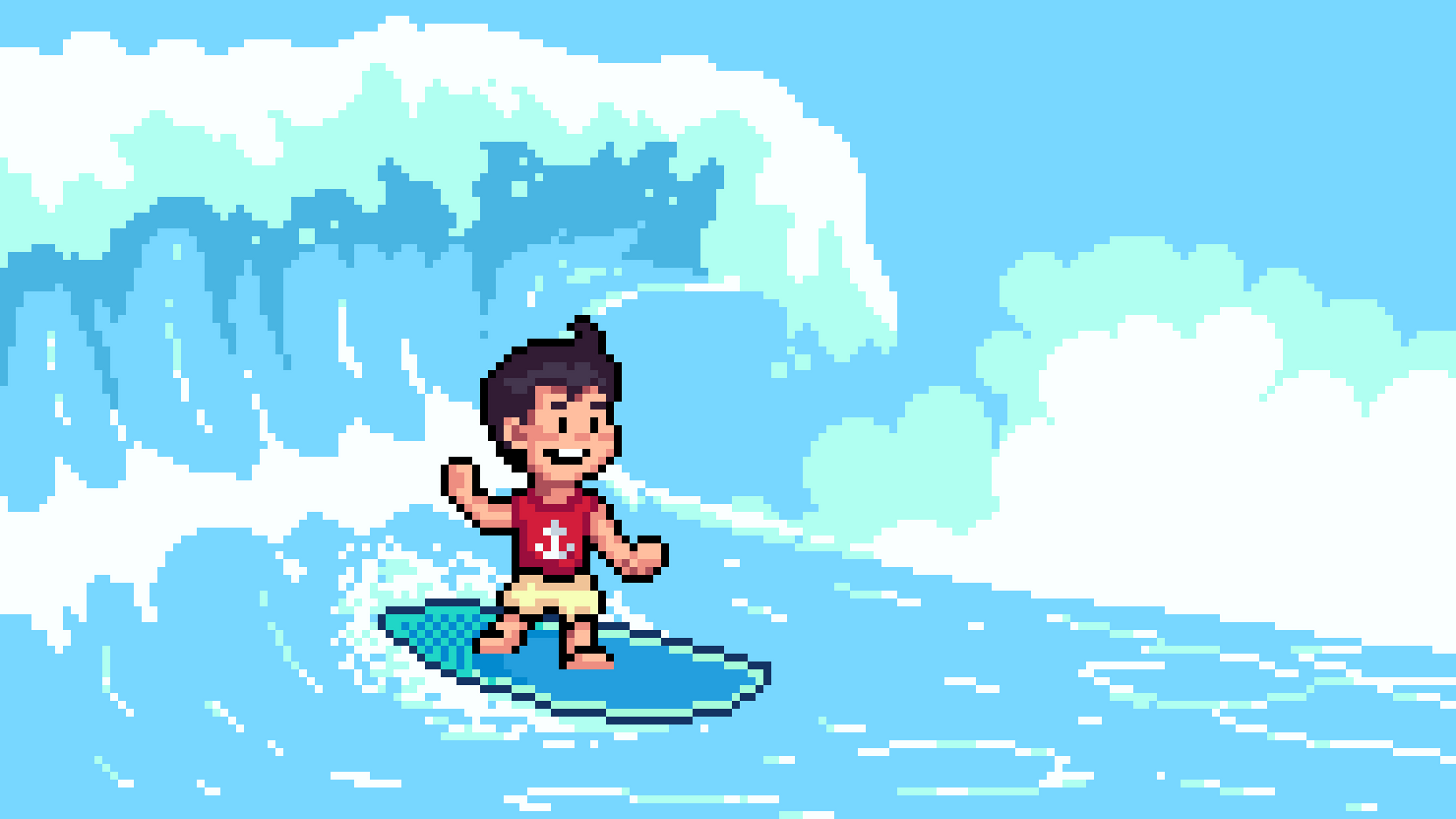 Pixel art of Koko surfing a big blue wave