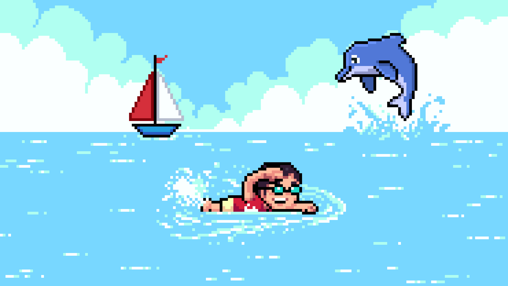 Pixel art of Koko swimming near a sailboat while a dolphin jumps
