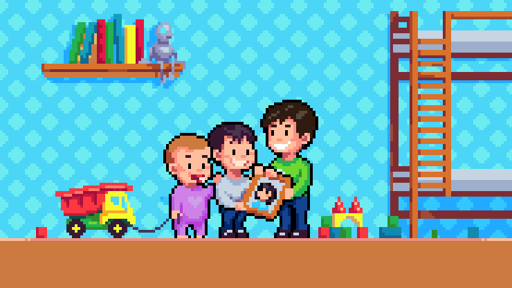 Pixel art of Koko and his two brothers in their bedroom