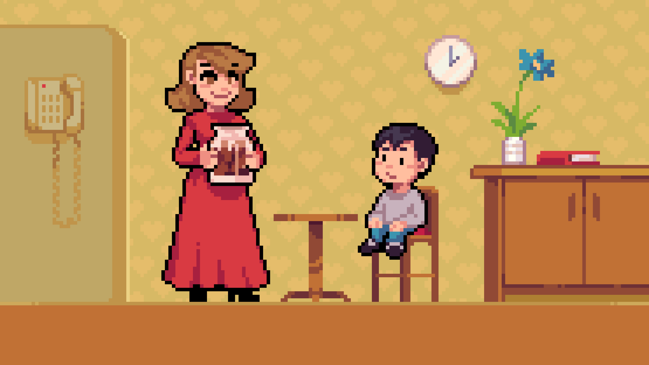 Pixel art of Aunt Janet offering Koko one piece of chocolate