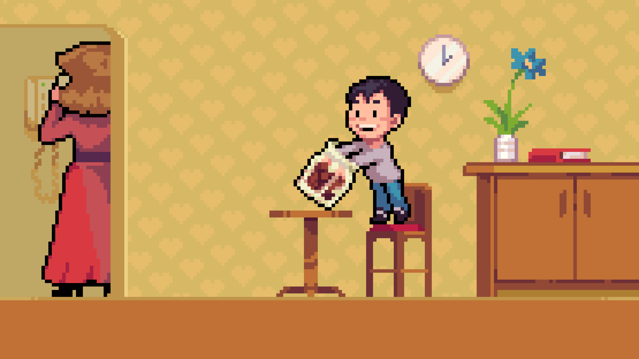 Pixel art of Koko climbing a chair to reach the chocolate jar