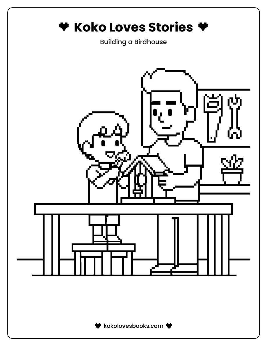 Koko Loves coloring page: Building a Birdhouse