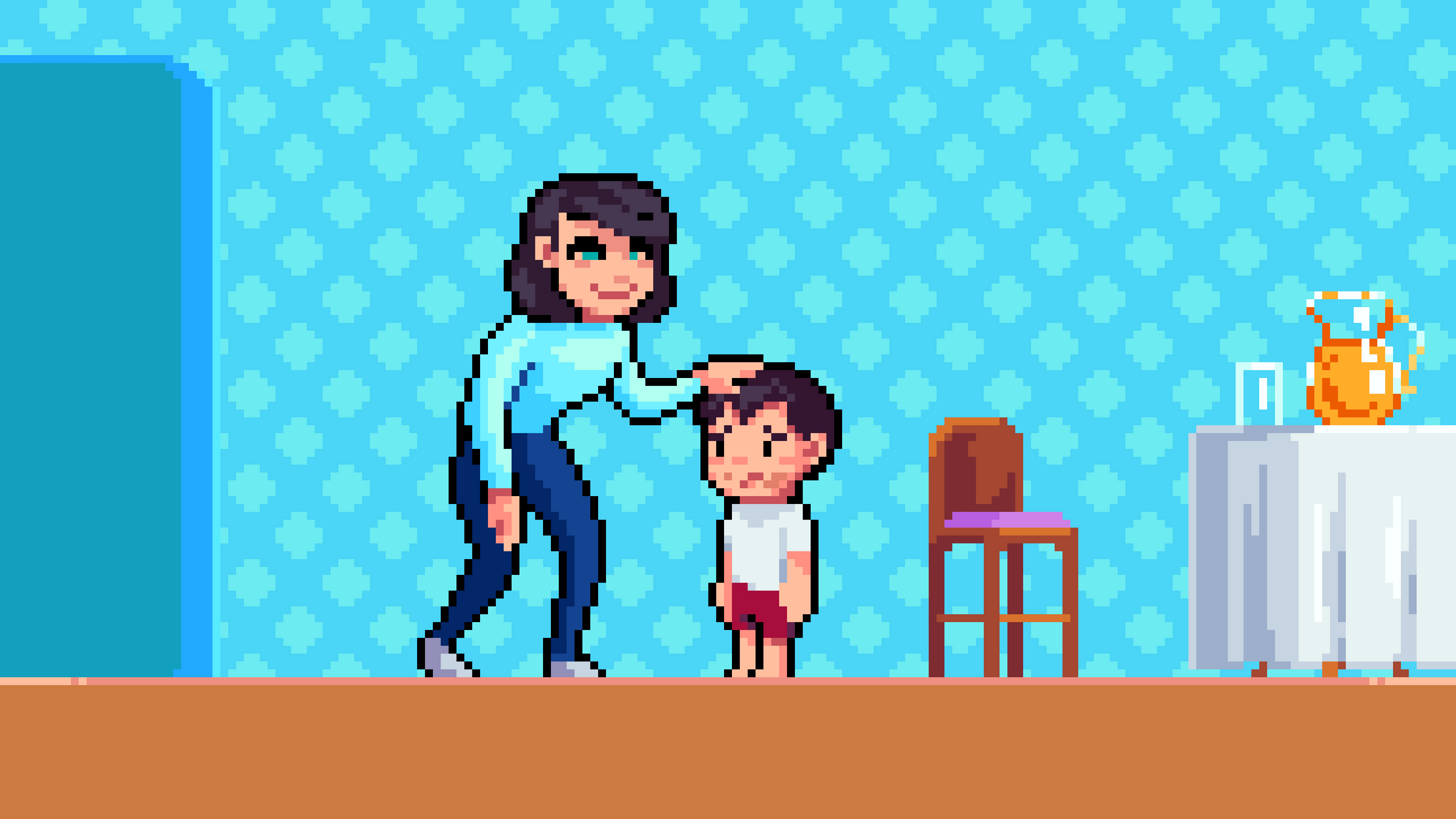 Pixel art of Mama gently comforting Koko