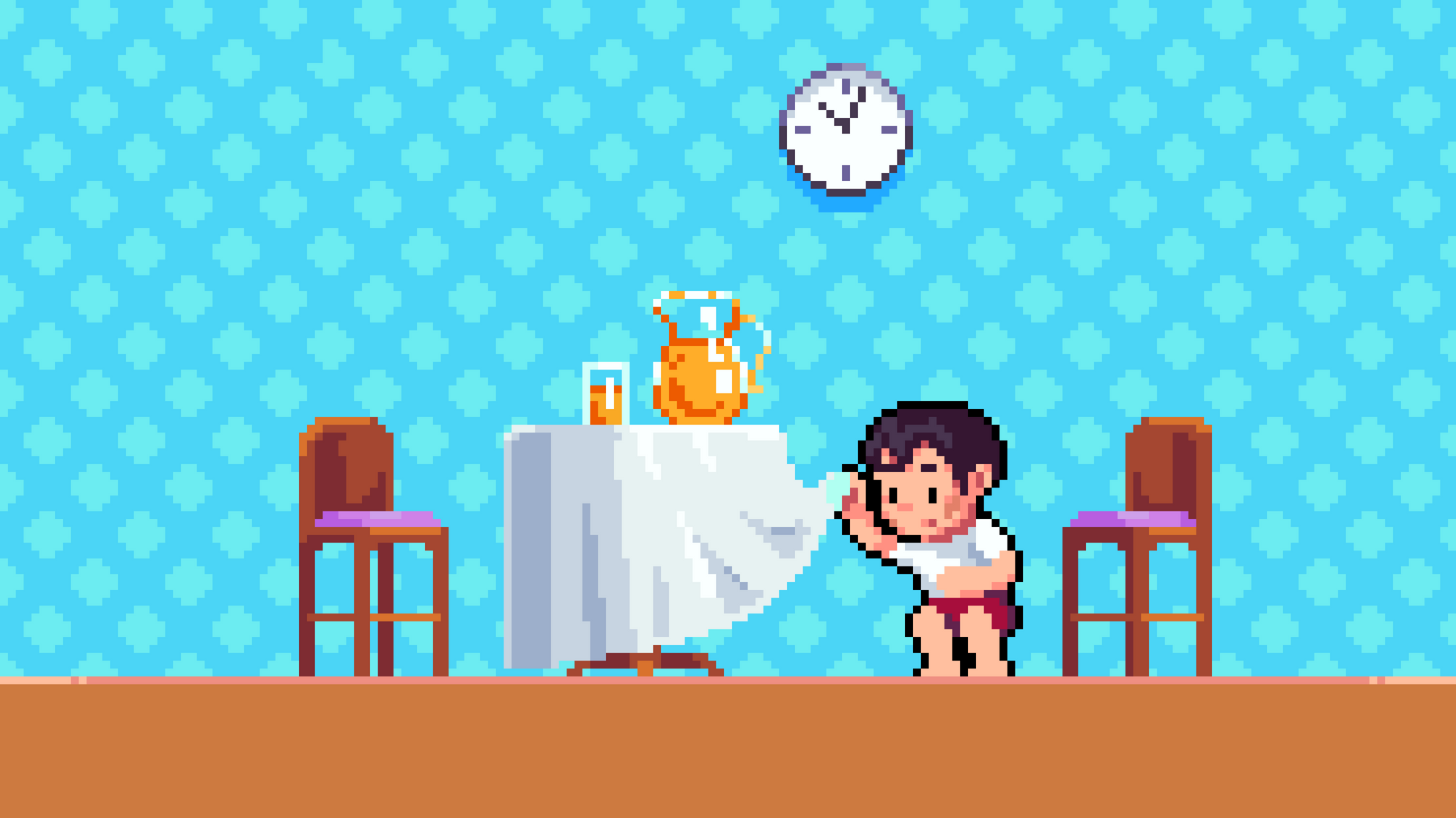 Pixel art of Koko at the family table